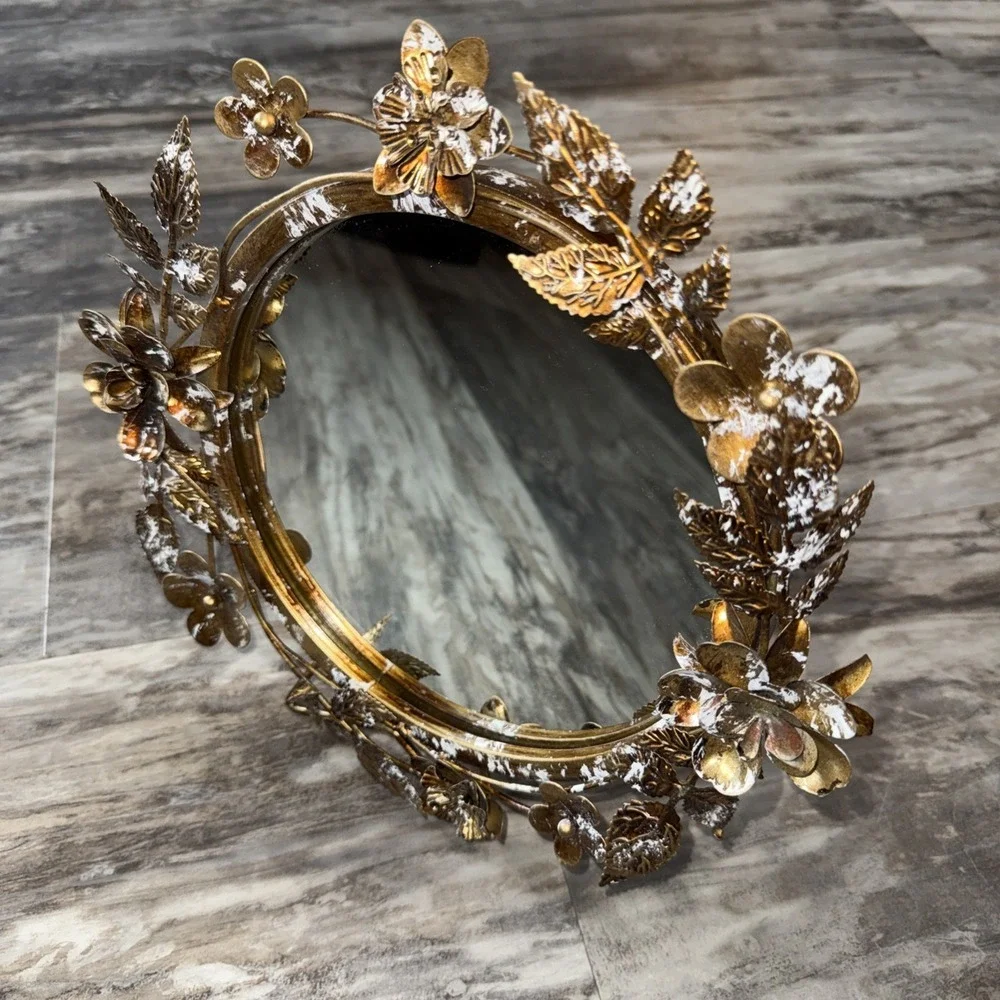 Vintage Ornate Metal Gold Floral Ivy Round Mirror Hanging Table Top Frame 11 In